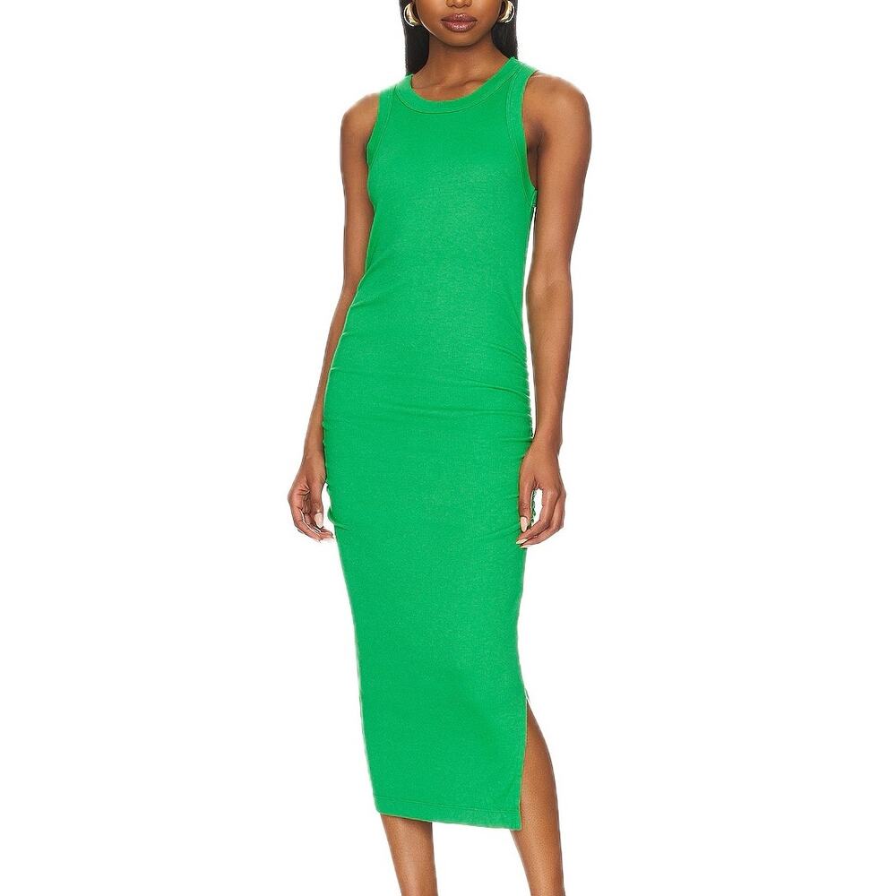 Michael Stars Field Green Crewneck Sleeveless Ruched Ribbed Wren Tank Midi Dress